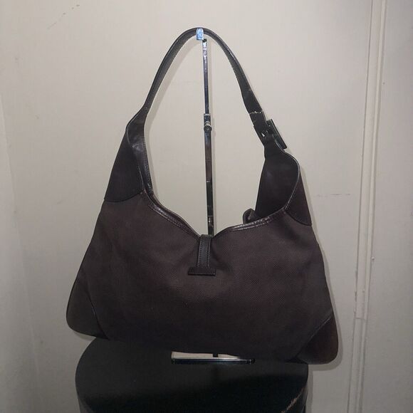 Authentic GUCCI Jackie O Canvas Leather Trim Handbag Chocolate Brown - Picture 5 of 11